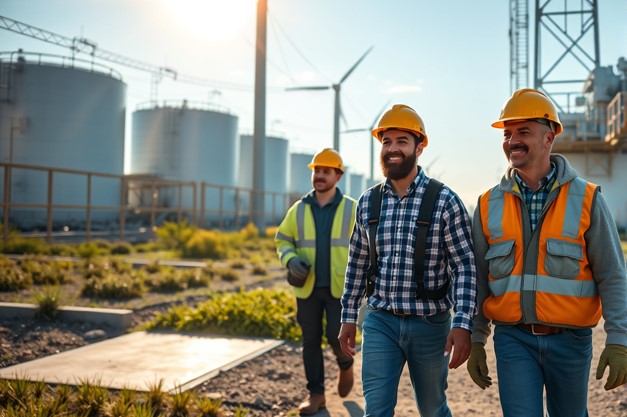 Utility engineers walking through an energy site